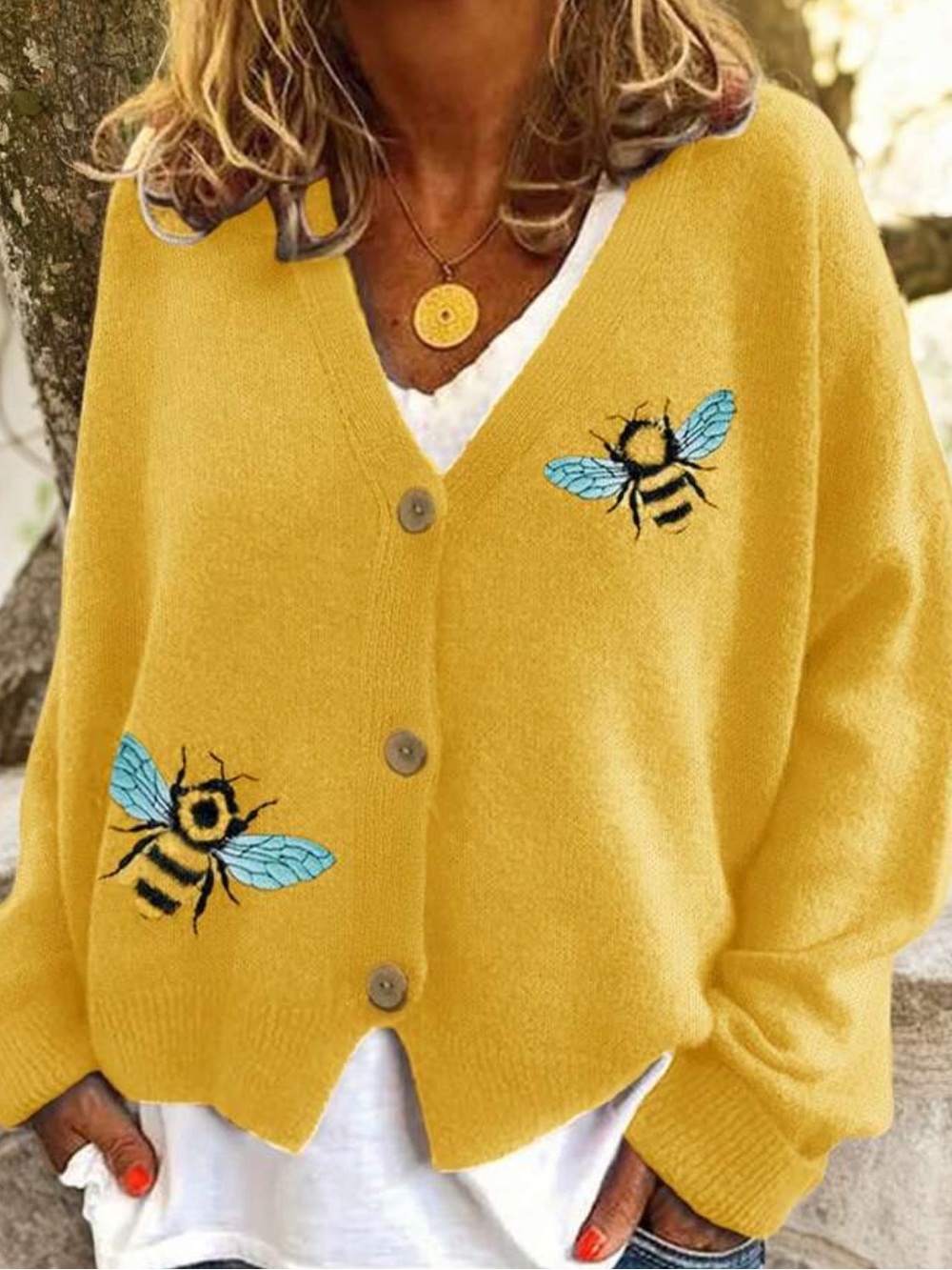 Yellow Bee Embroidered V-Neck Cardigan Sweater